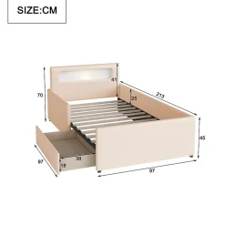 Okwish Lit avec rangement 90x200 cm - Lit enfant capitonné avec veilleuse et port USB - Similicuir + Métal - Sans matelas - Beige