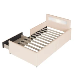 Okwish Lit avec rangement 90x200 cm - Lit enfant capitonné avec veilleuse et port USB - Similicuir + Métal - Sans matelas - Beige