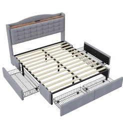 Okwish Lit avec Rangement 160x200 cm - Lit Double avec Port USB, Table de Chevet avec 4 Tiroirs, Sans Matelas, Lin, Gris Clair