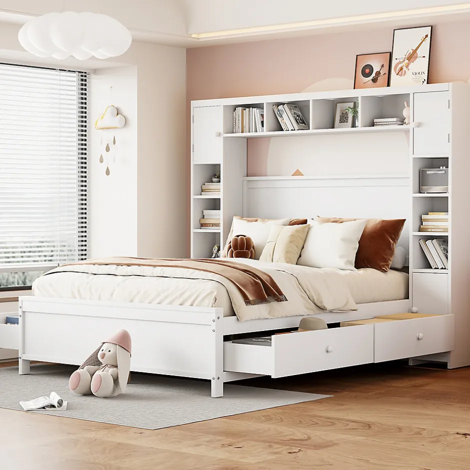Okwish Lit avec Rangement 140x200 cm - Lit Double avec 4 Tiroirs et Placard Spacieux, Bois Massif et MDF, Sans Matelas - Blanc