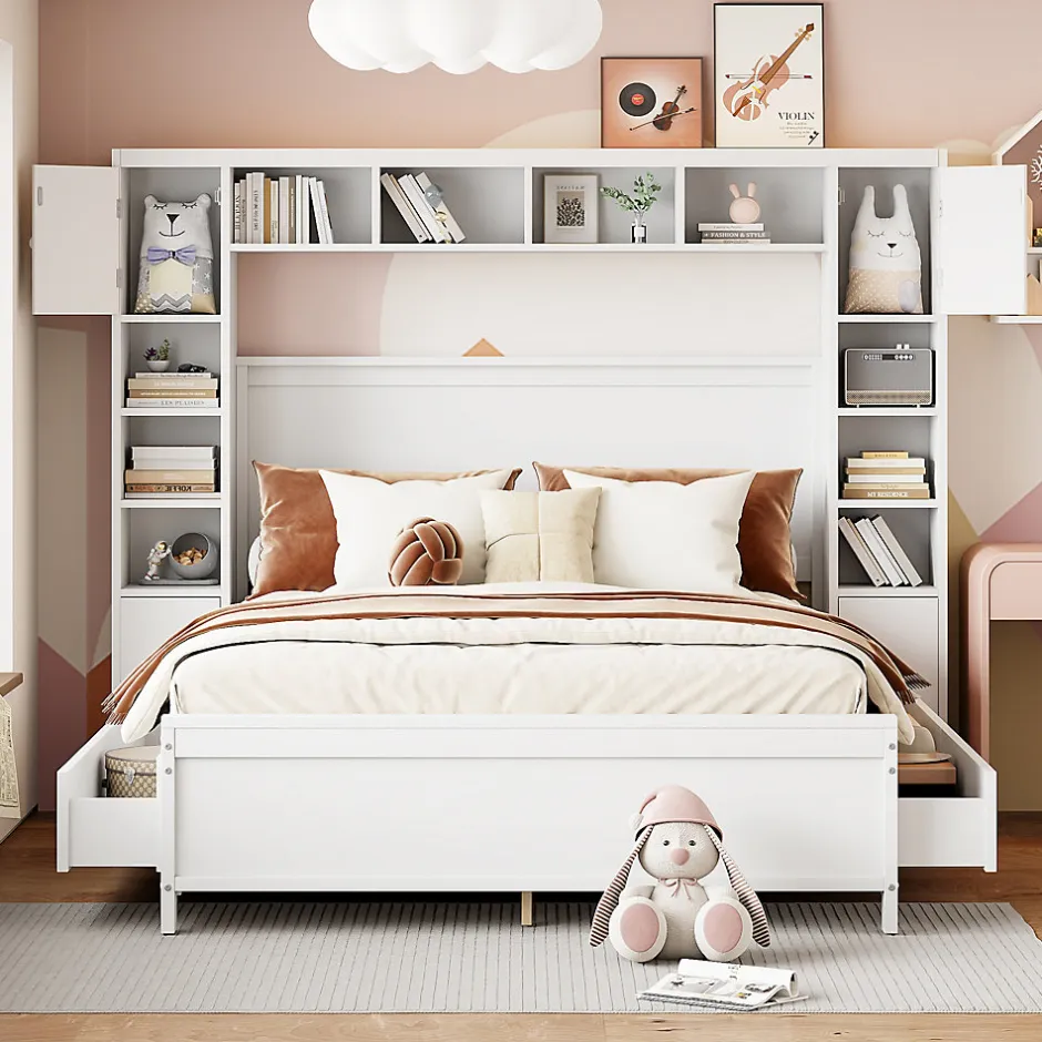 Okwish Lit avec Rangement 140x200 cm - Lit Double avec 4 Tiroirs et Placard Spacieux, Bois Massif et MDF, Sans Matelas - Blanc