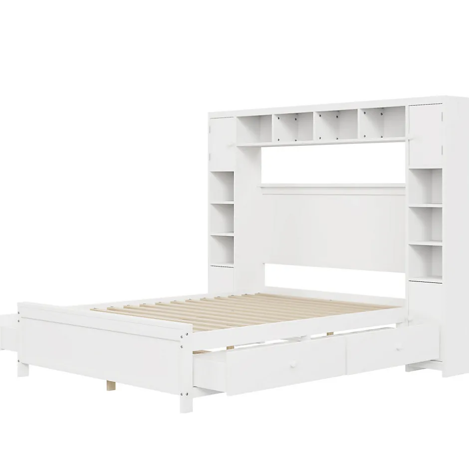 Okwish Lit avec Rangement 140x200 cm - Lit Double avec 4 Tiroirs et Placard Spacieux, Bois Massif et MDF, Sans Matelas - Blanc
