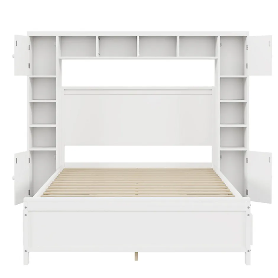 Okwish Lit avec Rangement 140x200 cm - Lit Double avec 4 Tiroirs et Placard Spacieux, Bois Massif et MDF, Sans Matelas - Blanc