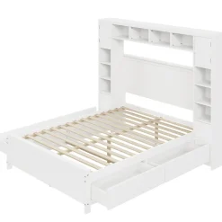 Okwish Lit avec Rangement 140x200 cm - Lit Double avec 4 Tiroirs et Placard Spacieux, Bois Massif et MDF, Sans Matelas - Blanc