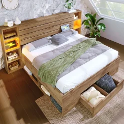 Okwish Lit avec rangement 180x200 cm - Lit double avec tête de lit LED et USB C - Bois Massif - Sans Matelas - Chêne