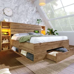 Okwish Lit avec rangement 180x200 cm - Lit double avec tête de lit LED et USB C - Bois Massif - Sans Matelas - Chêne