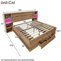 Okwish Lit avec rangement 180x200 cm - Lit double avec tête de lit LED et USB C - Bois Massif - Sans Matelas - Chêne