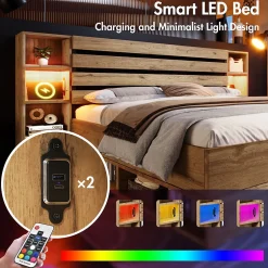 Okwish Lit avec rangement 180x200 cm - Lit double avec tête de lit LED et USB C - Bois Massif - Sans Matelas - Chêne