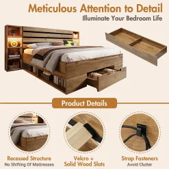 Okwish Lit avec rangement 180x200 cm - Lit double avec tête de lit LED et USB C - Bois Massif - Sans Matelas - Chêne