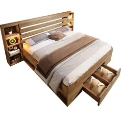 Okwish Lit avec rangement 180x200 cm - Lit double avec tête de lit LED et USB C - Bois Massif - Sans Matelas - Chêne
