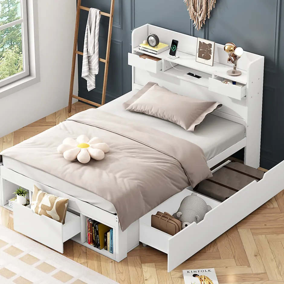 Okwish Lit avec Rangement 90x200 cm - Lit Simple avec USB et Tiroirs, Armoire Intégrée - Sans Matelas - Bois Blanc