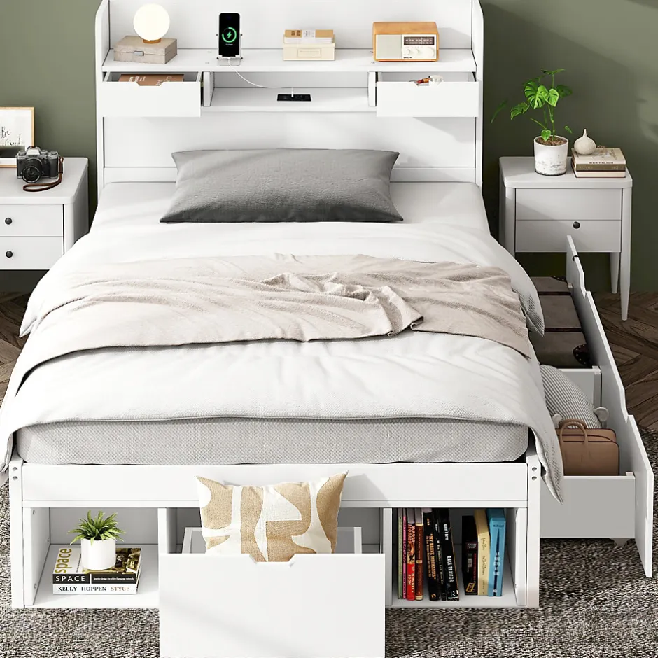 Okwish Lit avec Rangement 90x200 cm - Lit Simple avec USB et Tiroirs, Armoire Intégrée - Sans Matelas - Bois Blanc