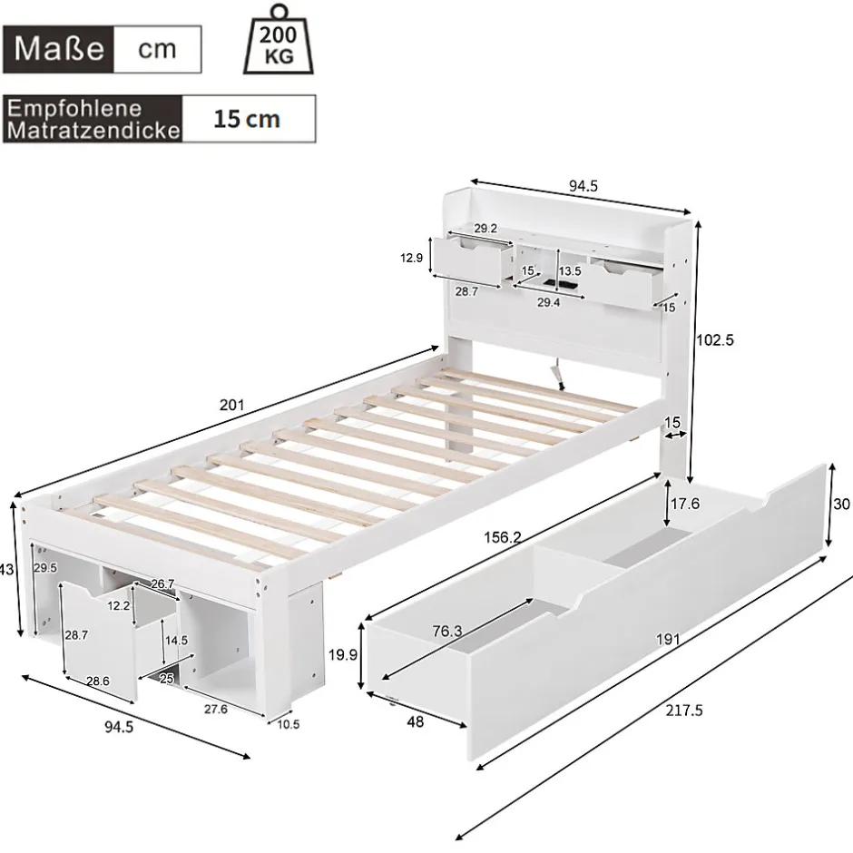 Okwish Lit avec Rangement 90x200 cm - Lit Simple avec USB et Tiroirs, Armoire Intégrée - Sans Matelas - Bois Blanc