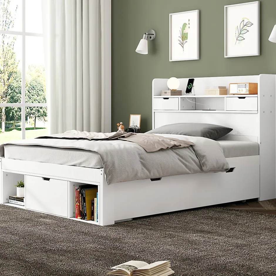 Okwish Lit avec Rangement 90x200 cm - Lit Simple avec USB et Tiroirs, Armoire Intégrée - Sans Matelas - Bois Blanc