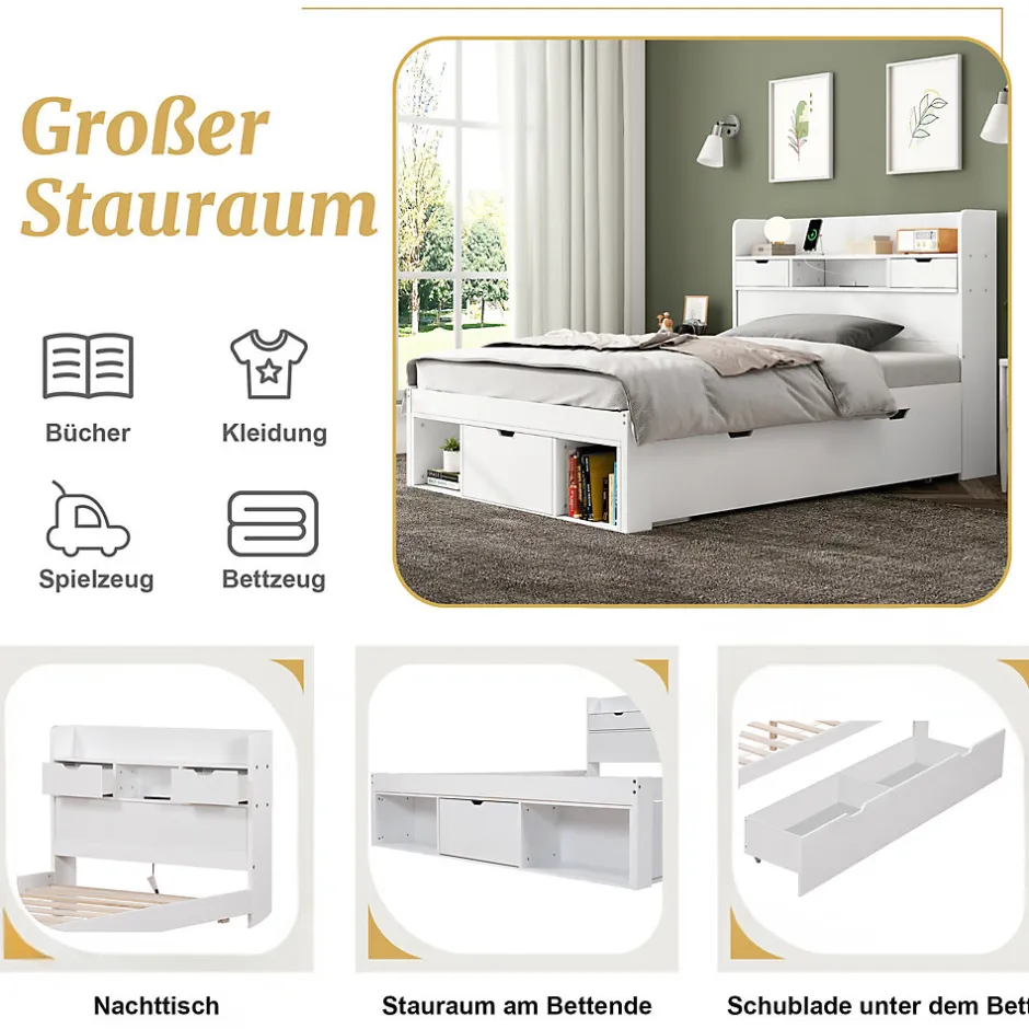 Okwish Lit avec Rangement 90x200 cm - Lit Simple avec USB et Tiroirs, Armoire Intégrée - Sans Matelas - Bois Blanc