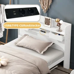 Okwish Lit avec Rangement 90x200 cm - Lit Simple avec USB et Tiroirs, Armoire Intégrée - Sans Matelas - Bois Blanc