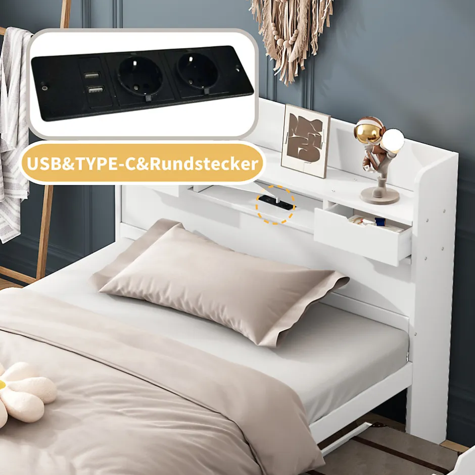 Okwish Lit avec Rangement 90x200 cm - Lit Simple avec USB et Tiroirs, Armoire Intégrée - Sans Matelas - Bois Blanc