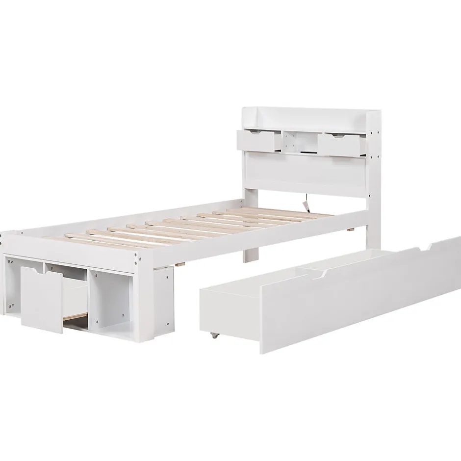 Okwish Lit avec Rangement 90x200 cm - Lit Simple avec USB et Tiroirs, Armoire Intégrée - Sans Matelas - Bois Blanc
