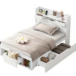Okwish Lit avec Rangement 90x200 cm - Lit Simple avec USB et Tiroirs, Armoire Intégrée - Sans Matelas - Bois Blanc