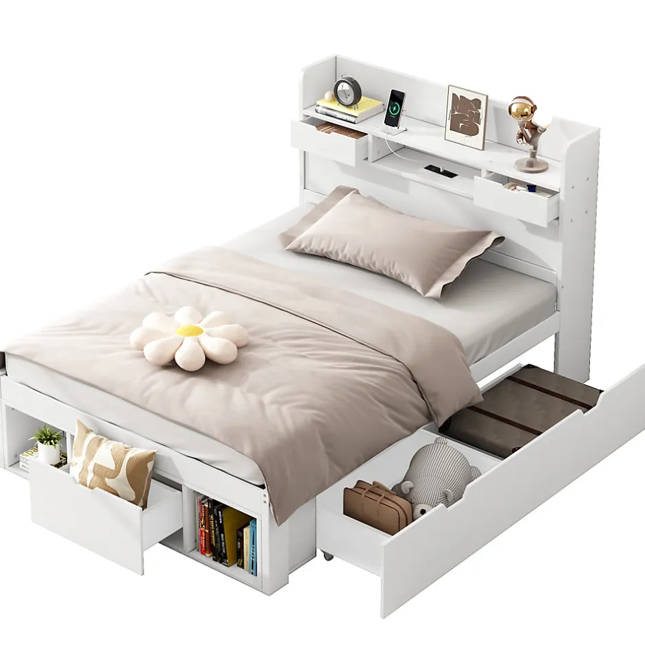 Okwish Lit avec Rangement 90x200 cm - Lit Simple avec USB et Tiroirs, Armoire Intégrée - Sans Matelas - Bois Blanc