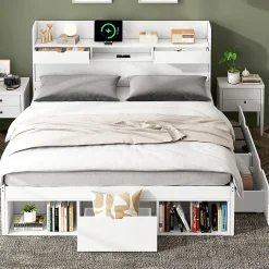 Okwish Lit avec Rangement 180x200 cm - Lit Double avec USB et Tiroirs, Armoire Intégrée - Sans Matelas - Bois Blanc