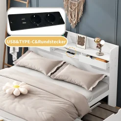 Okwish Lit avec Rangement 180x200 cm - Lit Double avec USB et Tiroirs, Armoire Intégrée - Sans Matelas - Bois Blanc
