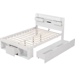 Okwish Lit avec Rangement 180x200 cm - Lit Double avec USB et Tiroirs, Armoire Intégrée - Sans Matelas - Bois Blanc