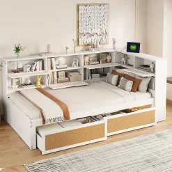 Okwish Lit avec Rangement 90x200 cm - Lit Simple enfant avec 2 Tiroirs et Niches de Rangement, Sans Matelas - Bois Massif et MDF Blanc