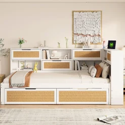 Okwish Lit avec Rangement 90x200 cm - Lit Simple enfant avec 2 Tiroirs et Niches de Rangement, Sans Matelas - Bois Massif et MDF Blanc