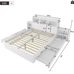 Okwish Lit avec Rangement 140x200 cm - Lit Double avec 2 Tables de Nuit Extractibles - MDF Robuste - Sans Matelas - Blanc