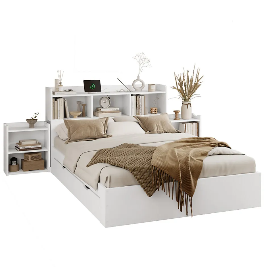 Okwish Lit avec Rangement 140x200 cm - Lit Double avec 2 Tables de Nuit Extractibles - MDF Robuste - Sans Matelas - Blanc