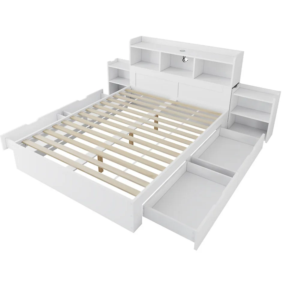 Okwish Lit avec Rangement 140x200 cm - Lit Double avec 2 Tables de Nuit Extractibles - MDF Robuste - Sans Matelas - Blanc