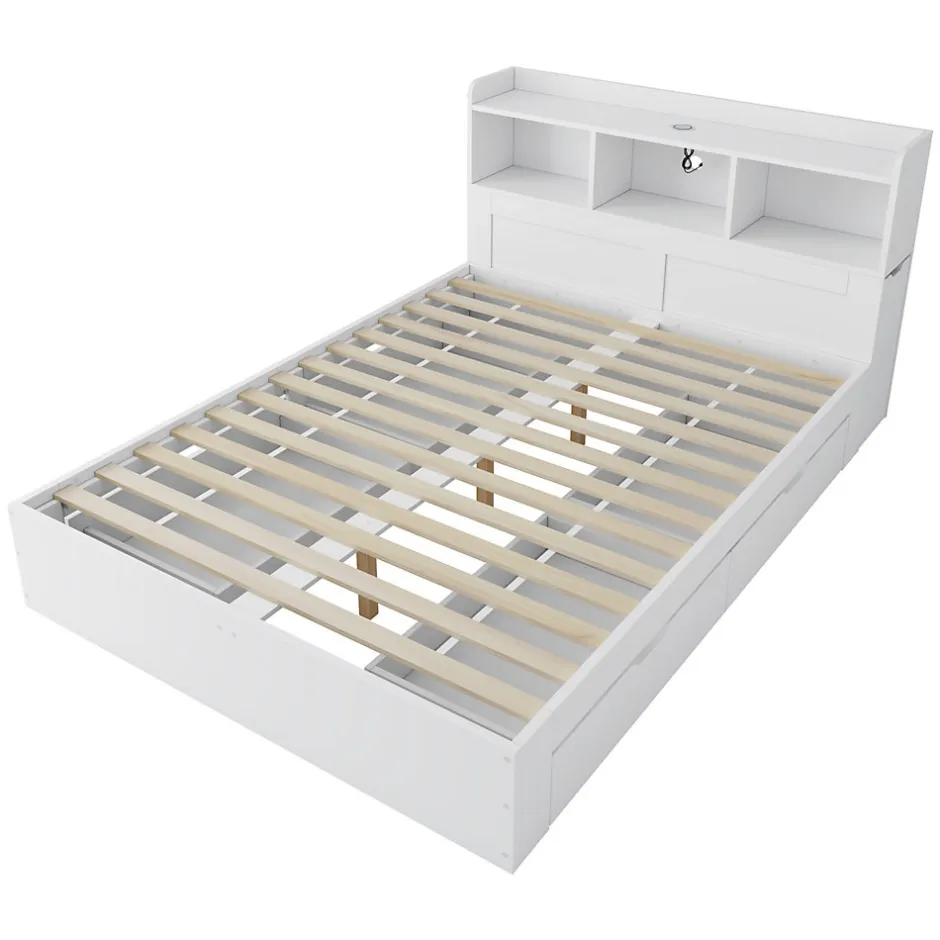 Okwish Lit avec Rangement 140x200 cm - Lit Double avec 2 Tables de Nuit Extractibles - MDF Robuste - Sans Matelas - Blanc