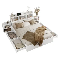 Okwish Lit avec Rangement 140x200 cm - Lit Double avec 2 Tables de Nuit Extractibles - MDF Robuste - Sans Matelas - Blanc