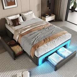 Okwish Lit avec rangement 90x200 cm - Lit simple avec 2 tiroirs et bande LED - Sans matelas - Gris