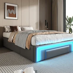 Okwish Lit avec rangement 90x200 cm - Lit simple avec 2 tiroirs et bande LED - Sans matelas - Gris