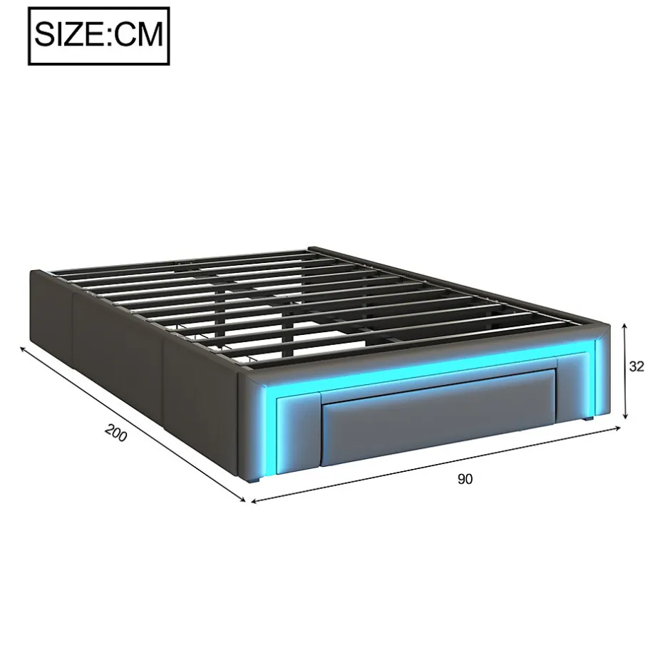 Okwish Lit avec rangement 90x200 cm - Lit simple avec 2 tiroirs et bande LED - Sans matelas - Gris