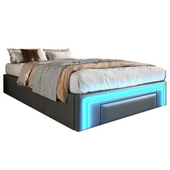 Okwish Lit avec rangement 90x200 cm - Lit simple avec 2 tiroirs et bande LED - Sans matelas - Gris