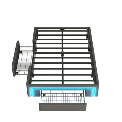 Okwish Lit avec rangement 90x200 cm - Lit simple avec 2 tiroirs et bande LED - Sans matelas - Gris