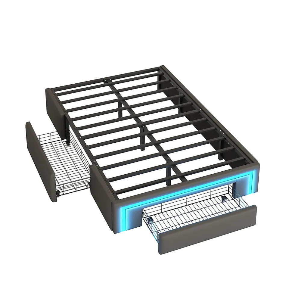 Okwish Lit avec rangement 90x200 cm - Lit simple avec 2 tiroirs et bande LED - Sans matelas - Gris