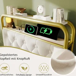 Okwish Lit avec Rangement 90x200 cm - Lit Capitonné Simple avec 2 Tiroirs, Prises USB et LED, Velours, Sans Matelas, Blanc