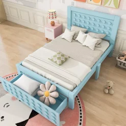 Okwish Lit avec rangement 90x200 cm - Lit simple avec tiroirs intégrés et design créatif - en MDF et bois massif - Bleu - Sans matelas Sale