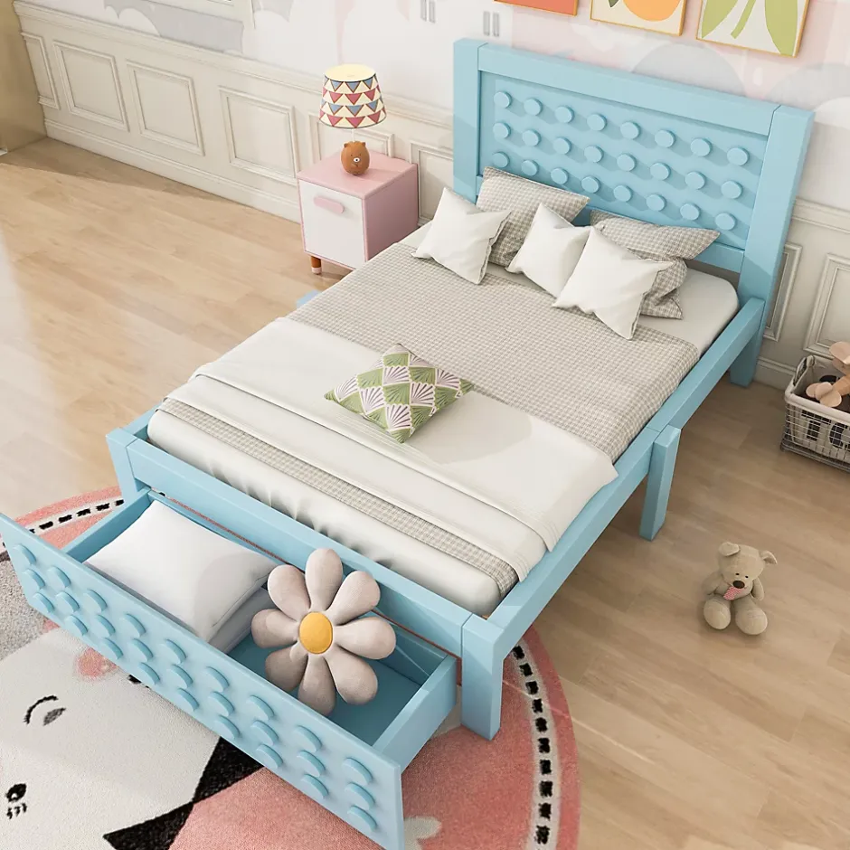 Okwish Lit avec rangement 90x200 cm - Lit simple avec tiroirs intégrés et design créatif - en MDF et bois massif - Bleu - Sans matelas Sale