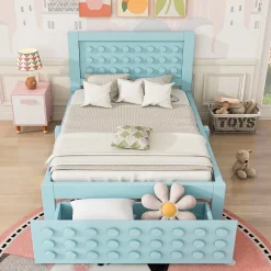 Okwish Lit avec rangement 90x200 cm - Lit simple avec tiroirs intégrés et design créatif - en MDF et bois massif - Bleu - Sans matelas Sale