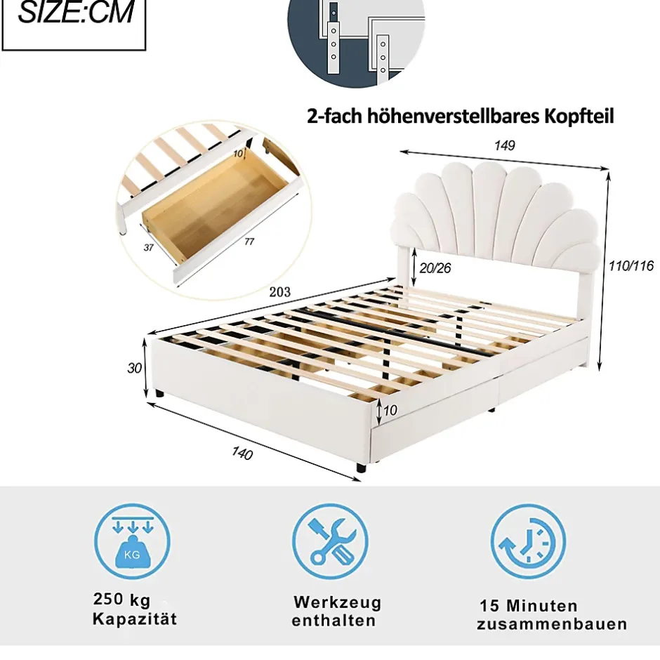Okwish Lit avec rangement 140x200 cm - Lit double tête fleur - Velours - Sans Matelas - Beige Discount