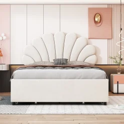 Okwish Lit avec rangement 140x200 cm - Lit double tête fleur - Velours - Sans Matelas - Beige Discount