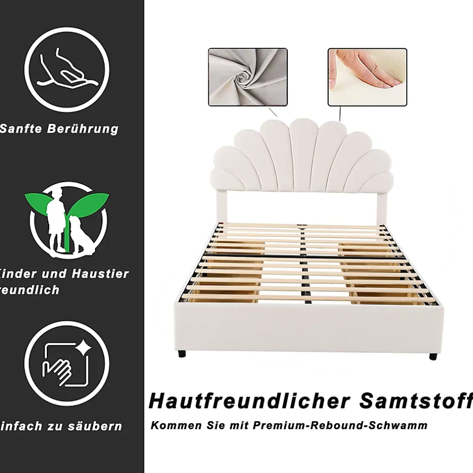 Okwish Lit avec rangement 140x200 cm - Lit double tête fleur - Velours - Sans Matelas - Beige Discount