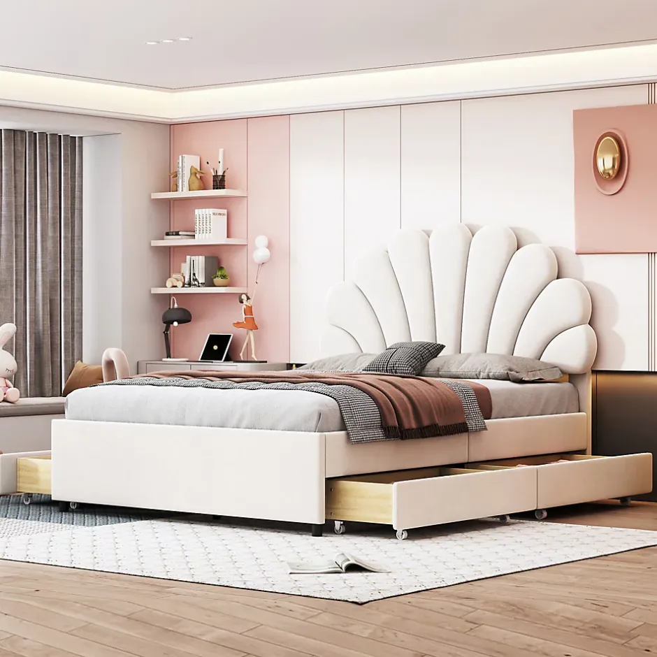 Okwish Lit avec rangement 140x200 cm - Lit double tête fleur - Velours - Sans Matelas - Beige Discount