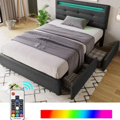 Okwish Lit avec rangement 90x200 cm - Lit simple capitonné avec LED et 2 tiroirs - Bois massif + Lin + Métal - Sans Matelas - Gris Sale