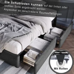 Okwish Lit avec rangement 90x200 cm - Lit simple capitonné avec LED et 2 tiroirs - Bois massif + Lin + Métal - Sans Matelas - Gris Sale